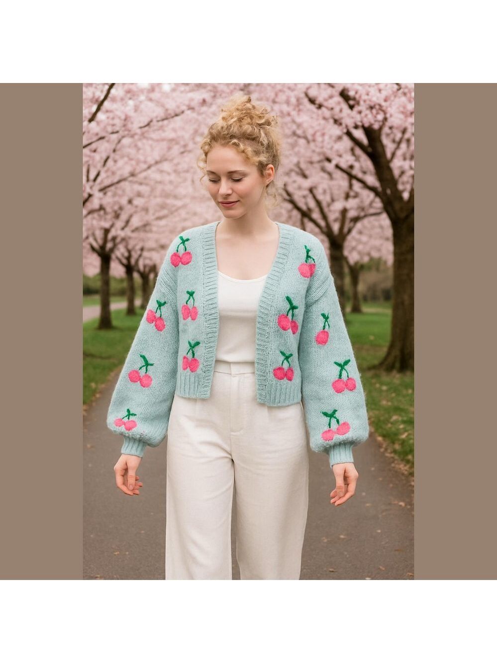 NWT ALTAR'D STATE BLUE & PINK EMBROIDERED CHERRY TREES BULKY KNIT CARDIGAN SZ M